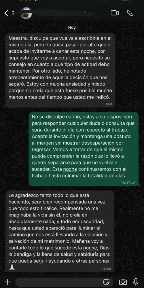 testimonio de WhatsApp sobre resultados en amarre de amor