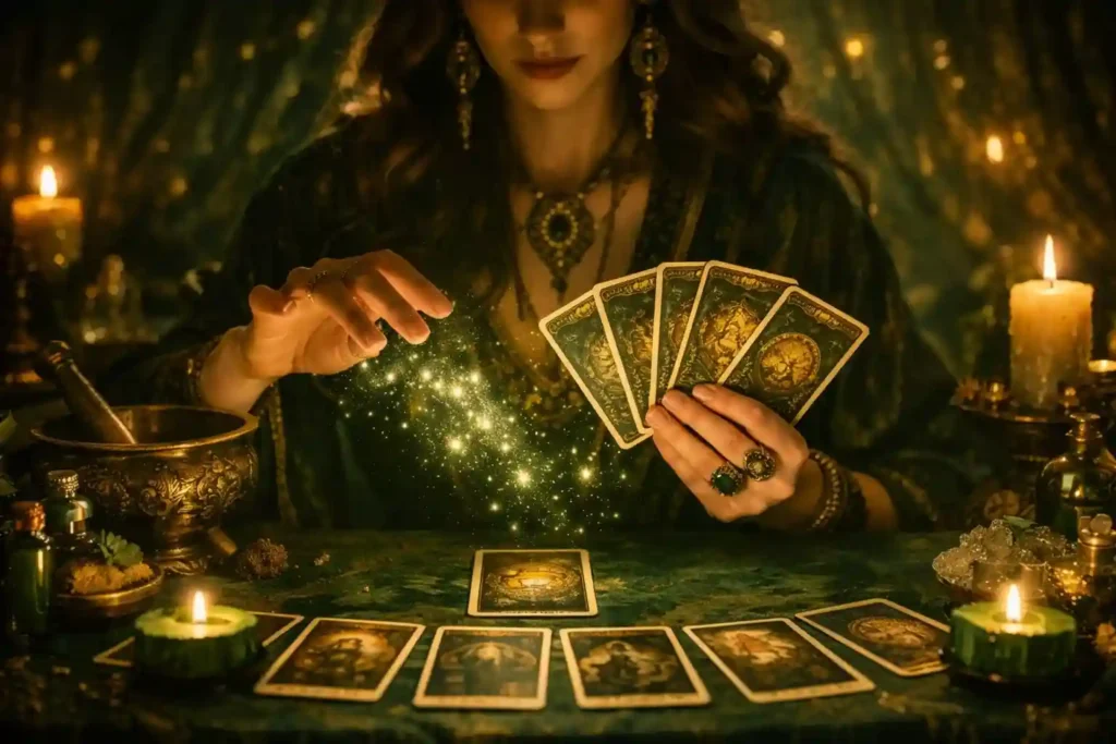 Maestra tarotista realizando una lectura espiritual con cartas y velas en tonos verdes