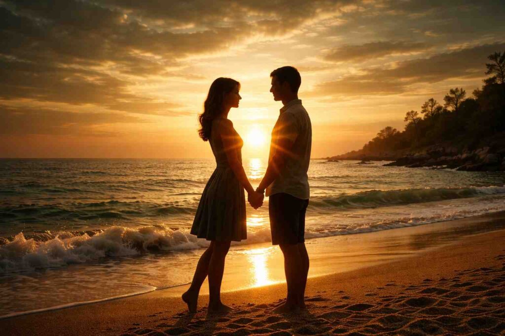 Pareja tomada de las manos al atardecer representando unión de pareja y amarre de amor